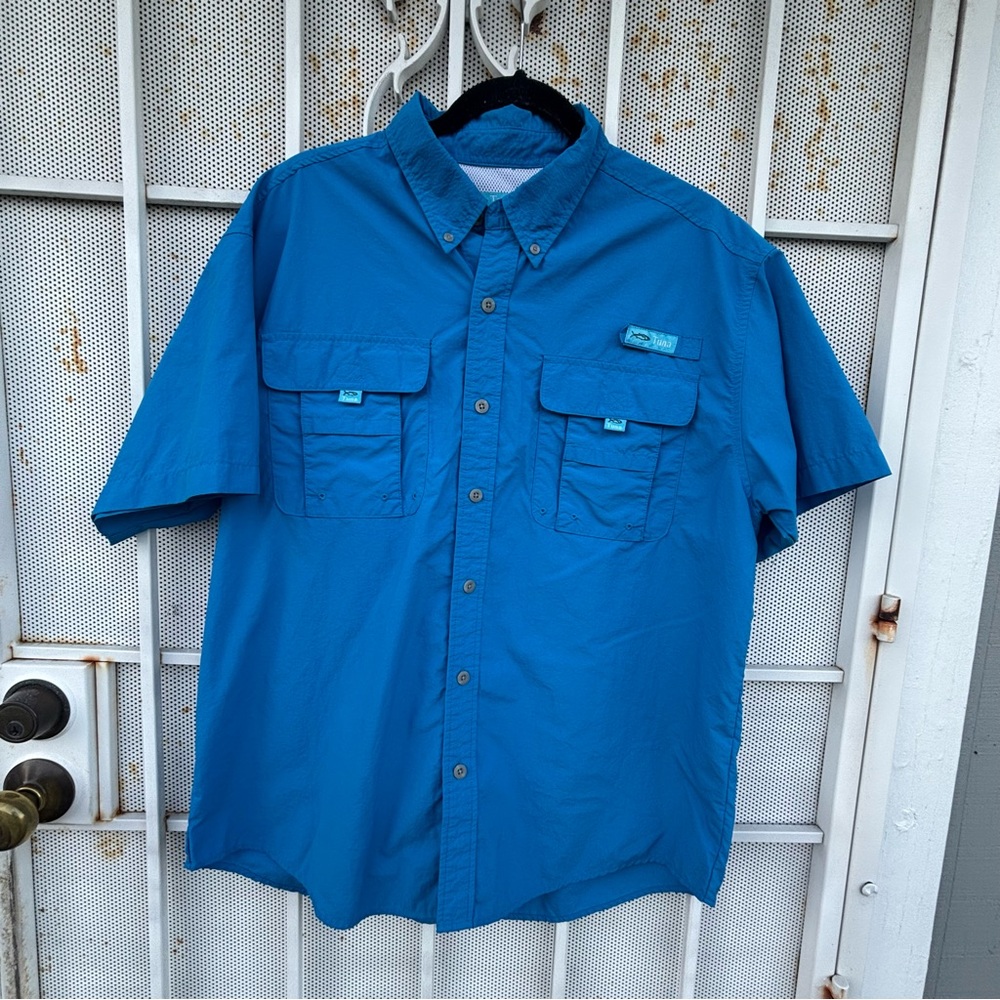 Men's L Short-Sleeve Performance fishing Button-Down Shirt short sleeve Blue